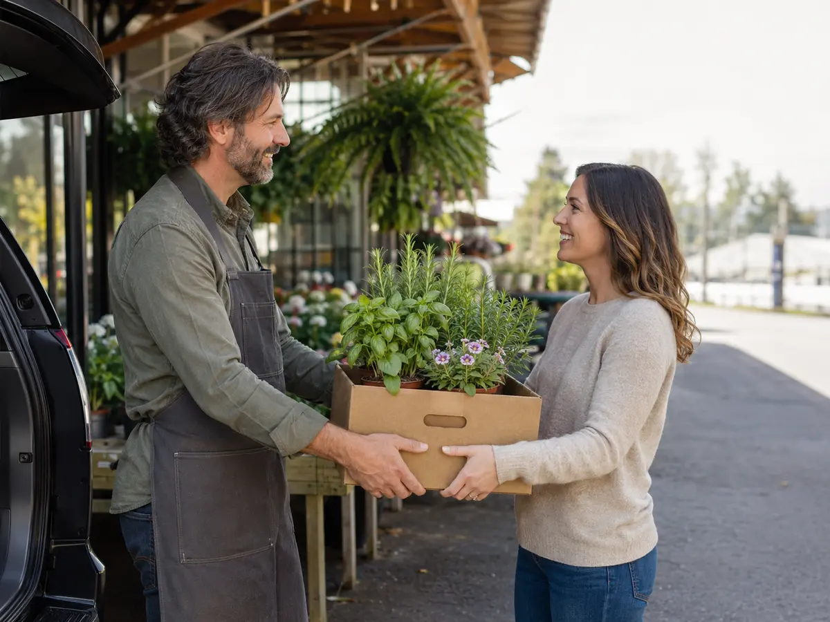 Garden centre employee handing a box of herbs and flowering plants to a pickup customer